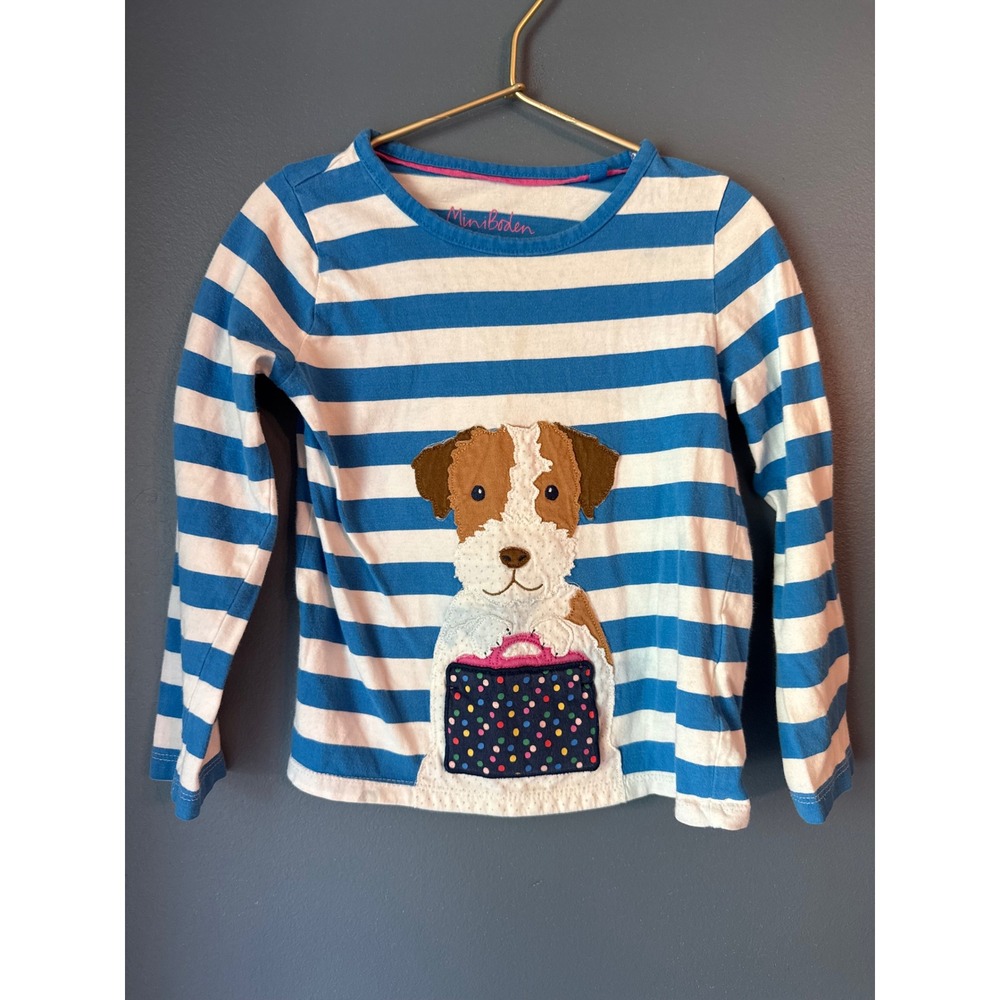 Mini Boden Girls Blue Stripe Dog Lift the Flap Lunch Bag Shirt 5-6Y 116cm